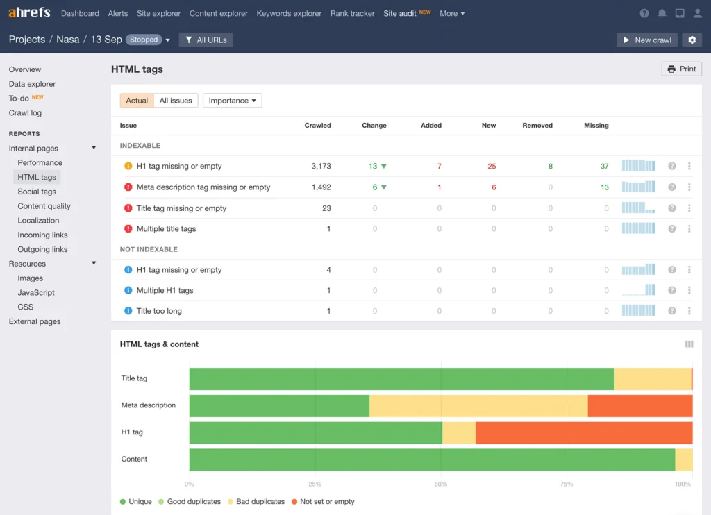 Mangools vs Ahrefs : Site Audit Interface